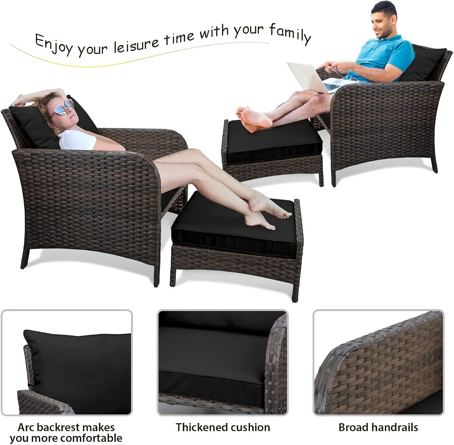 LEVELEVE Balcony Furniture 5 Piece Patio Conversation Set, PE Wicker Rattan Outdoor Lounge Chairs with Soft Cushions 2 Ottoman&Glass Table for Porch, Lawn-Brown Wicker