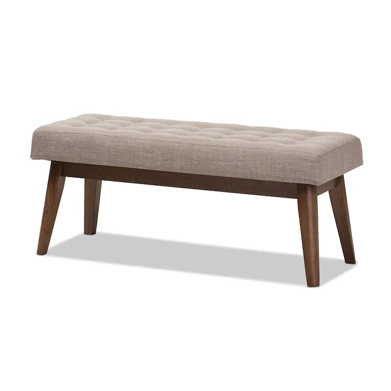 Mid Century Upholstered Bench with Tufted Seat and Wooden Legs