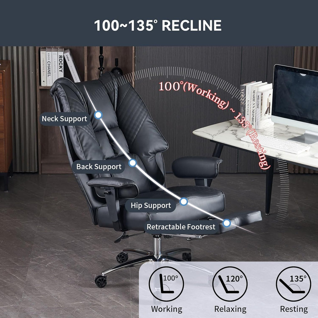 Large Tall Office Chair 400 lbs Wide Seat, Leather High Back Executive Office Chair with Footrest, Ergonomic Office Chair Lumbar Support to Relieve Lower Back Pain (Beige)