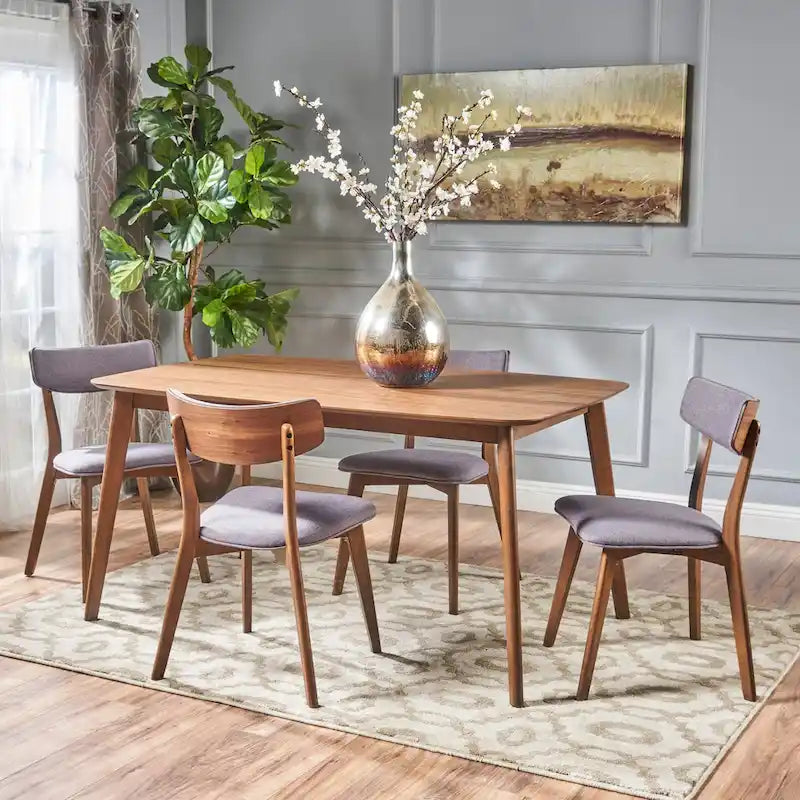 Mid Century Dining Table Set with 4 Upholstered Chairs and Wooden Frame