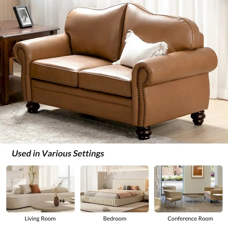 Leather Loveseat Sofa with Rolled Arms and Nailhead Trim