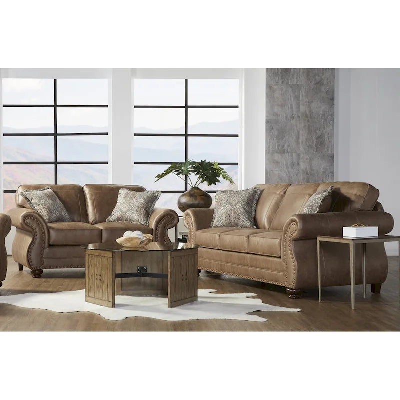 Roundhill Furniture Leinster Brown Fabric Sofa and Loveseat with Nailhead Trim