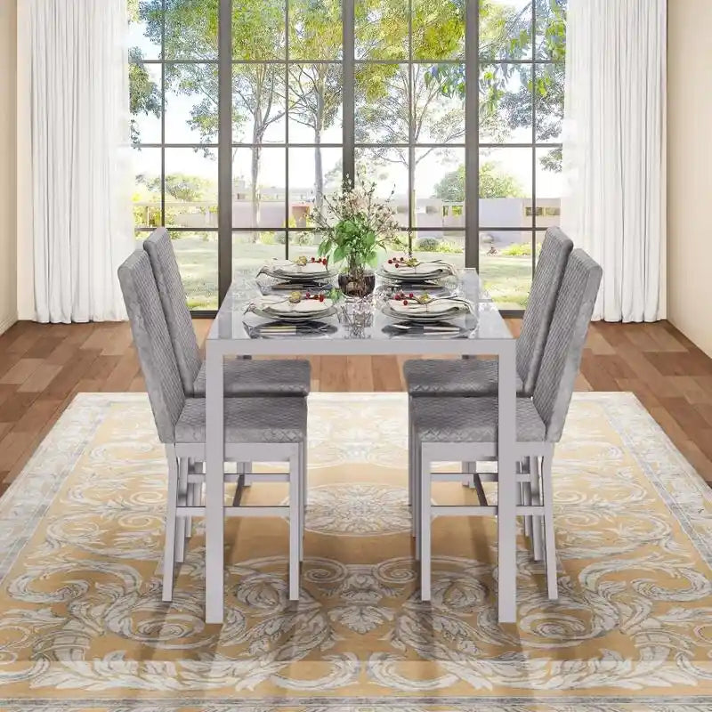 Grondin Contemporary 5-Piece Dining Set with Tempered Glass Table and 4 Diamond-Stitched PU Leather Chairs