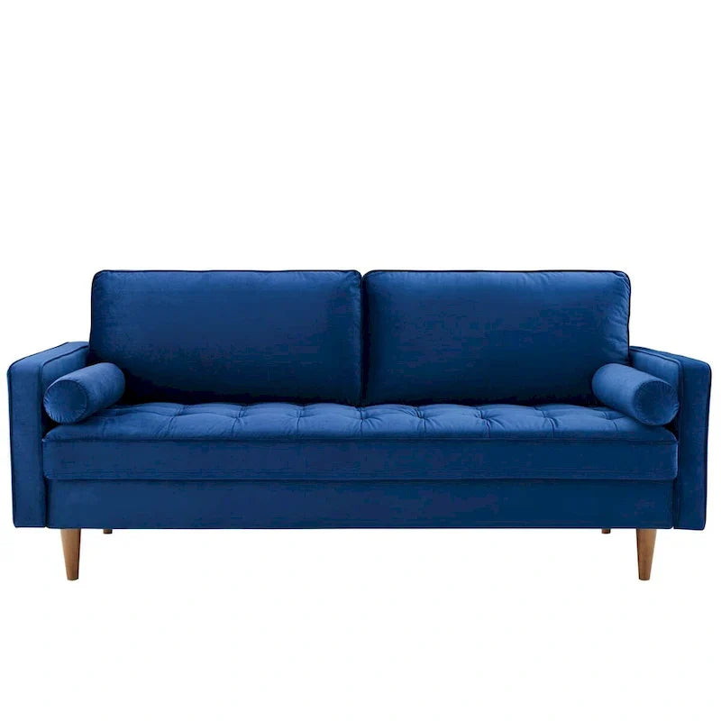 Mid Century Velvet Sofa with Tufted Back and Wooden Legs
