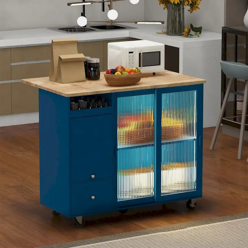 Kitchen Island with Drop Leaf Sliding Glass Doors and Storage on Wheels