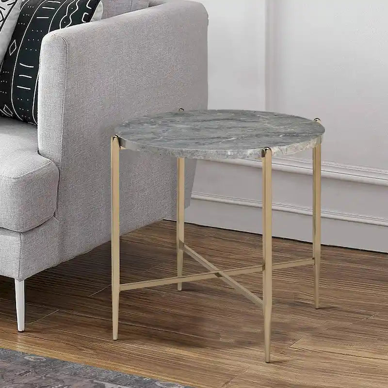 Gray and Gold End Table with Oval Marble Top and X-Shaped Base