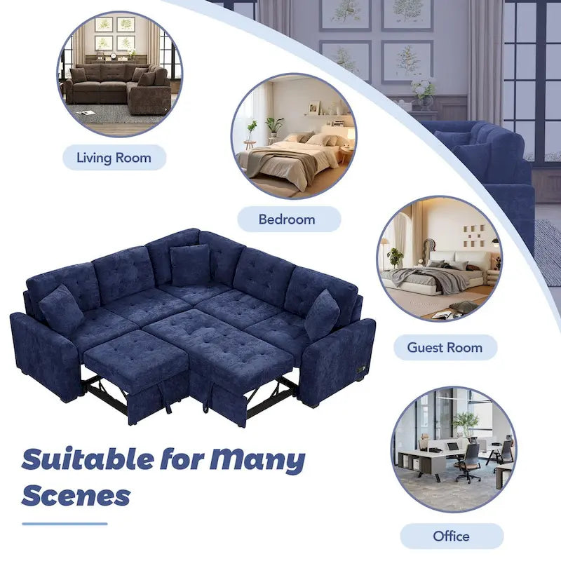 L-Shaped Pull-Out Sleeper Sofa with Wheels, USB Charging Ports, and Power Outlets