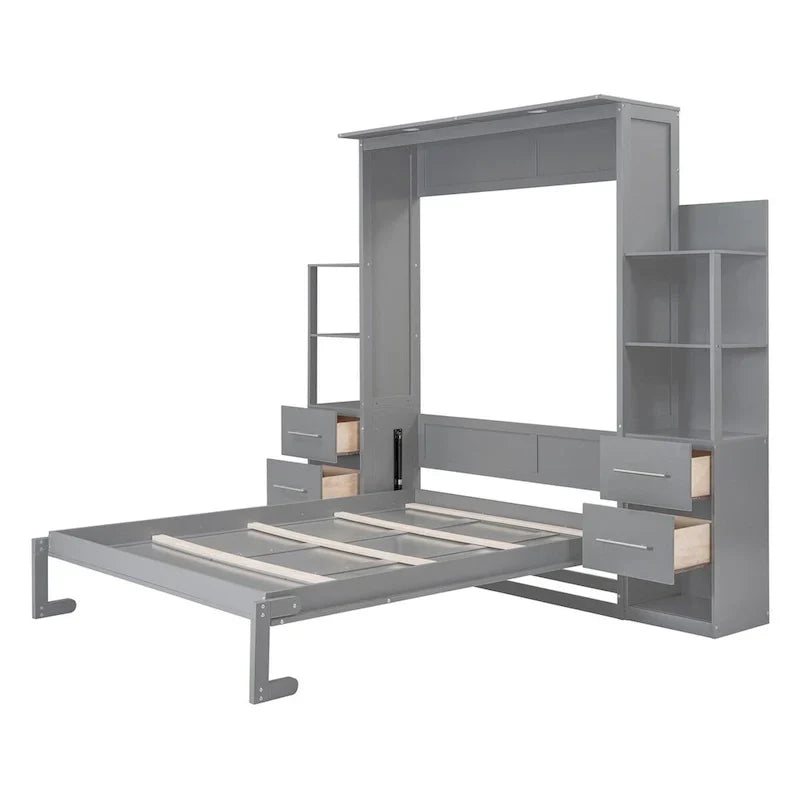 Merax Murphy Bed with Shelves, Drawers, and Integrated LED Lighting