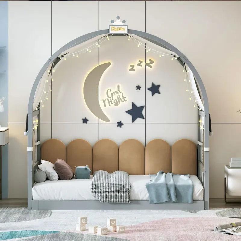 Gray Twin Bed with Arched Canopy and Trundle