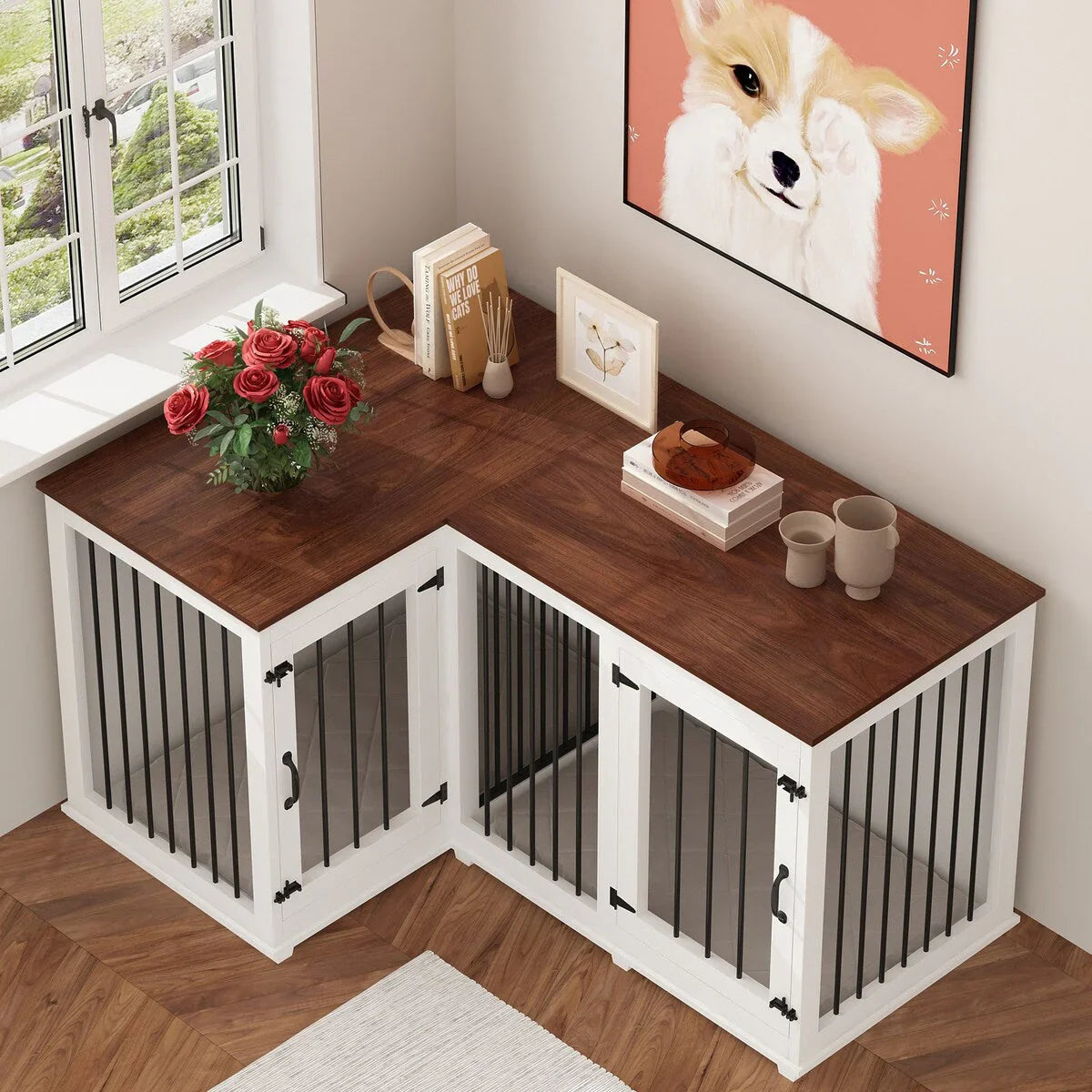 Large Corner Dog Crate Furniture for 2 Dogs, L Shape Dog Crate Cage - 58.7X41.1