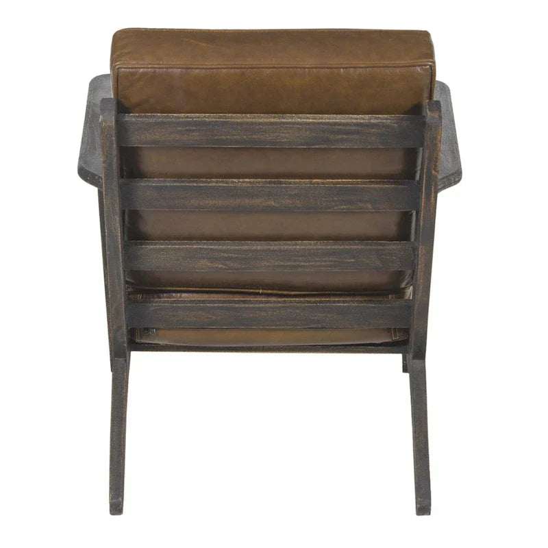 Handcrafted Amber Accent Chair with Slatted Mango Wood, Buffalo Leather Cushions, and Angled Legs