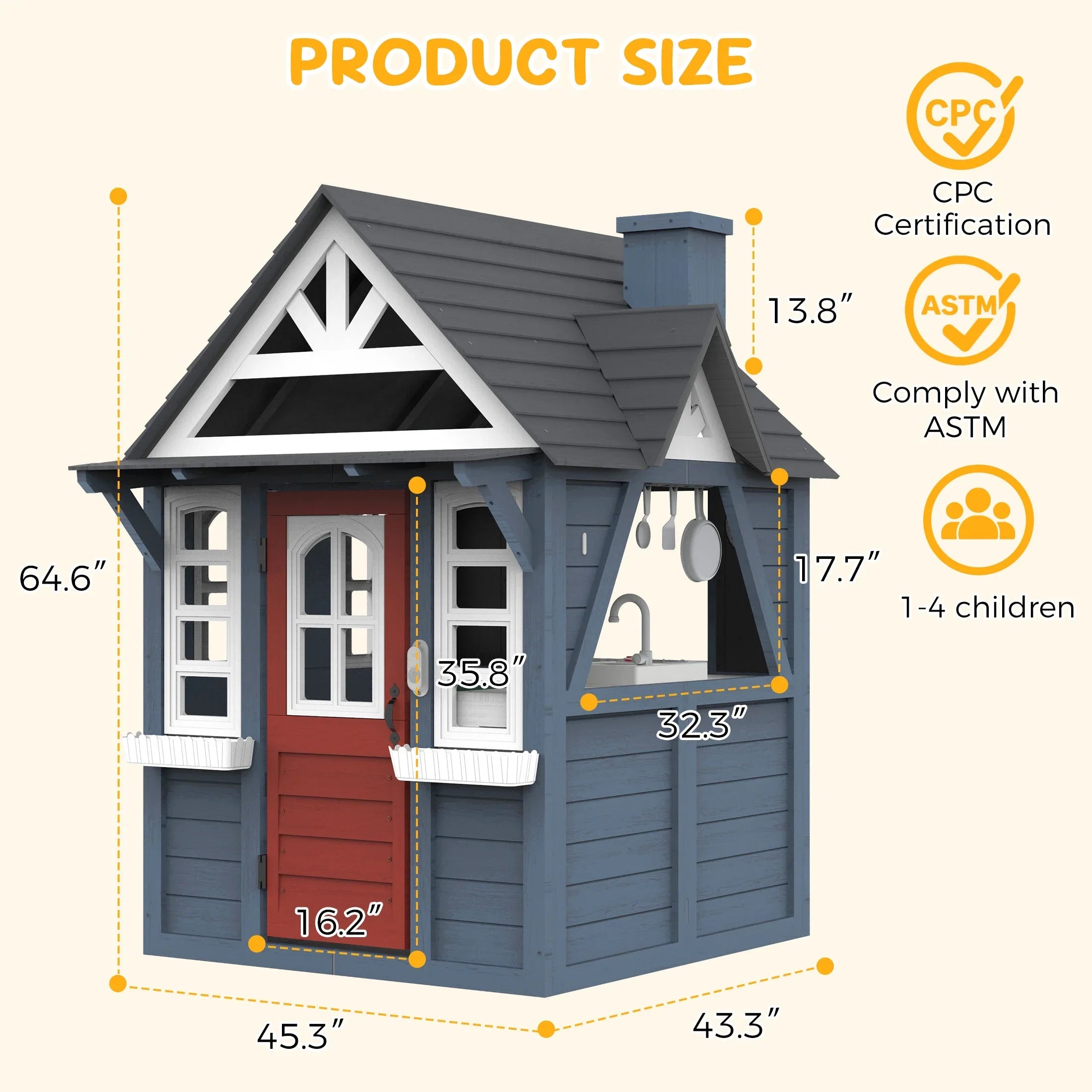 COCLUB Outdoor Playhouse for Kids Ages 4-8, Wooden Play House with Doorbell, Phone, Kitchen Toys, Outdoor Kids Play Equipment, Casa Para Ni?as (45L x 65H), White & Black