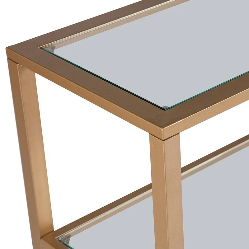 Jensen Gold Metal Console Table with Glass Shelves by SEI Furniture - Narrow Design
