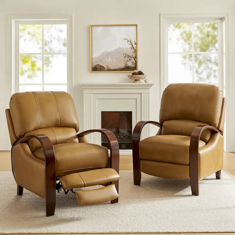 Set of 2 Alex Mid-Century Modern Genuine Leather Manual Recliners with Curved Wooden Arms