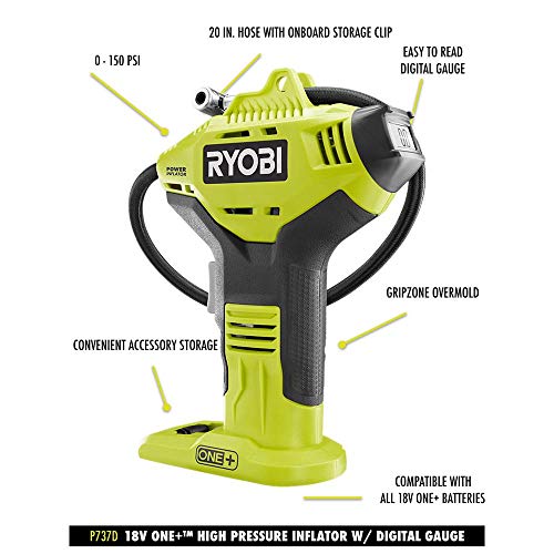 Ryobi ONE+ Cordless High Pressure Inflator with Digital Gauge, High Capacity Lithium-Ion Battery