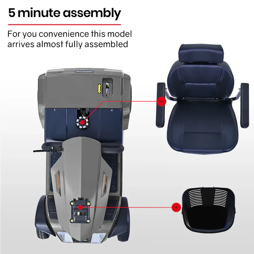 EQUIPMED Mobility Scooter, S-XXL comfortable size for all riders, 30km Max Range, 180kg capacity, Grey