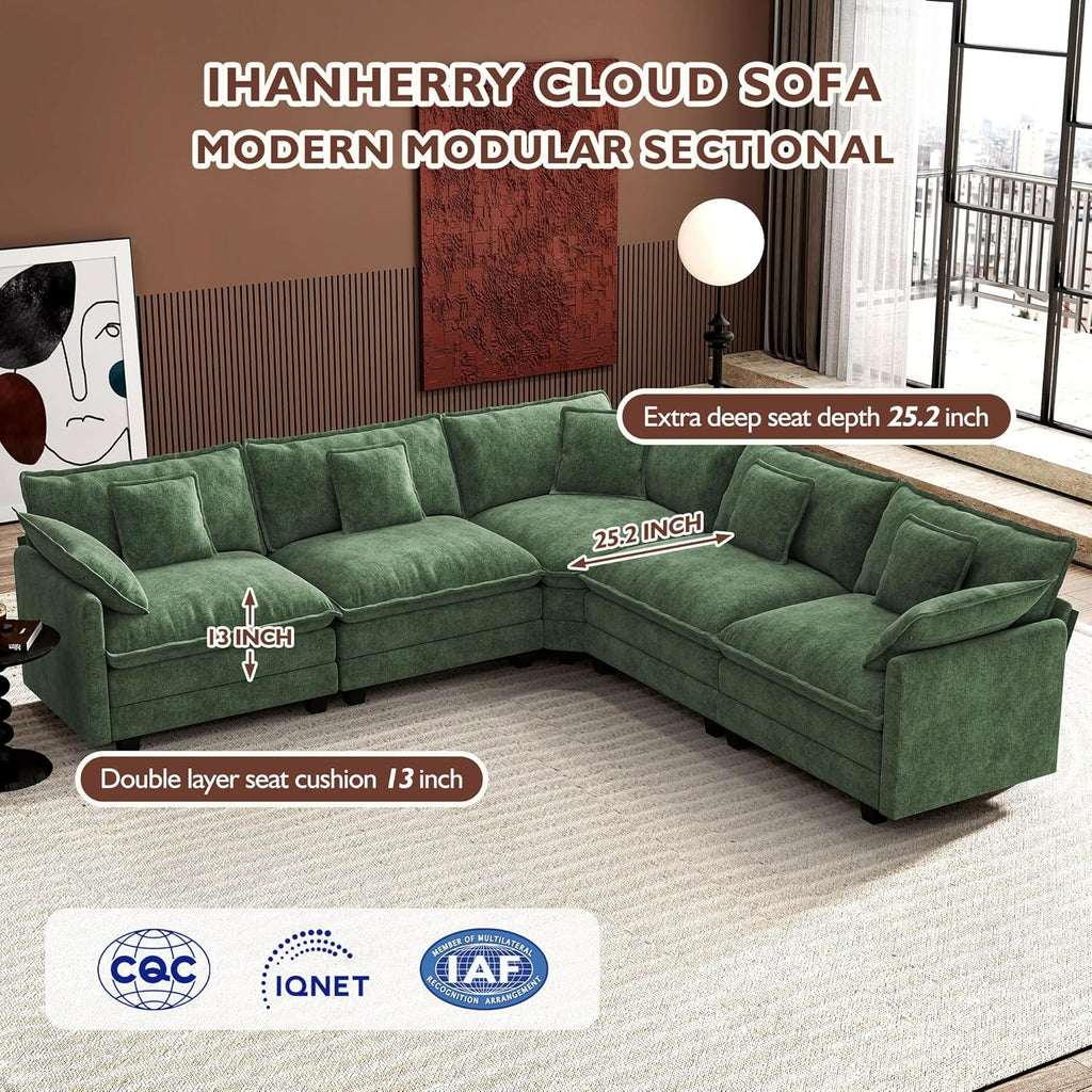 Ihanherry 146" U-Shaped Modern Sofa Modular Sectional Cloud Couch with 2 Ottoman, 6-Seat Chenille Deep Seat Sofa with 6 Pillows for Living Room, Bedroom and Apartment, Grey