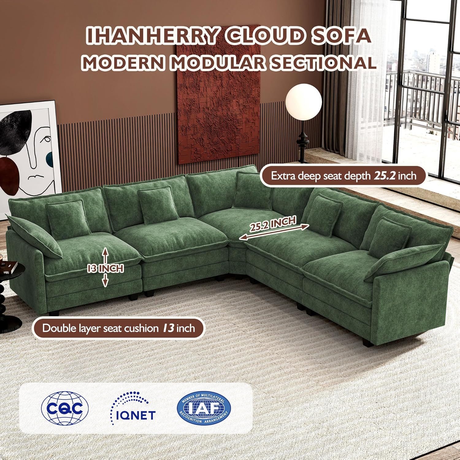 Ihanherry 146" U-Shaped Modern Sofa Modular Sectional Cloud Couch with 2 Ottoman, 6-Seat Chenille Deep Seat Sofa with 6 Pillows for Living Room, Bedroom and Apartment, Grey
