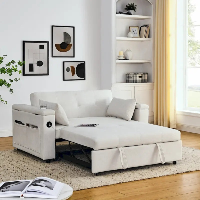 54 Pull-Out Sleeper Sofa Bed, 2 Seat Recliner Sofa Bed with Storage, Lumbar Pillow, USB Power Outlet