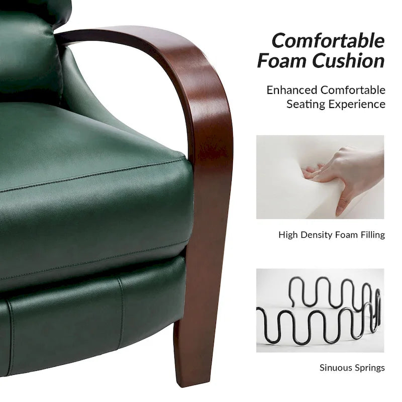 Set of 2 Alex Mid-Century Modern Genuine Leather Manual Recliners with Curved Wooden Arms