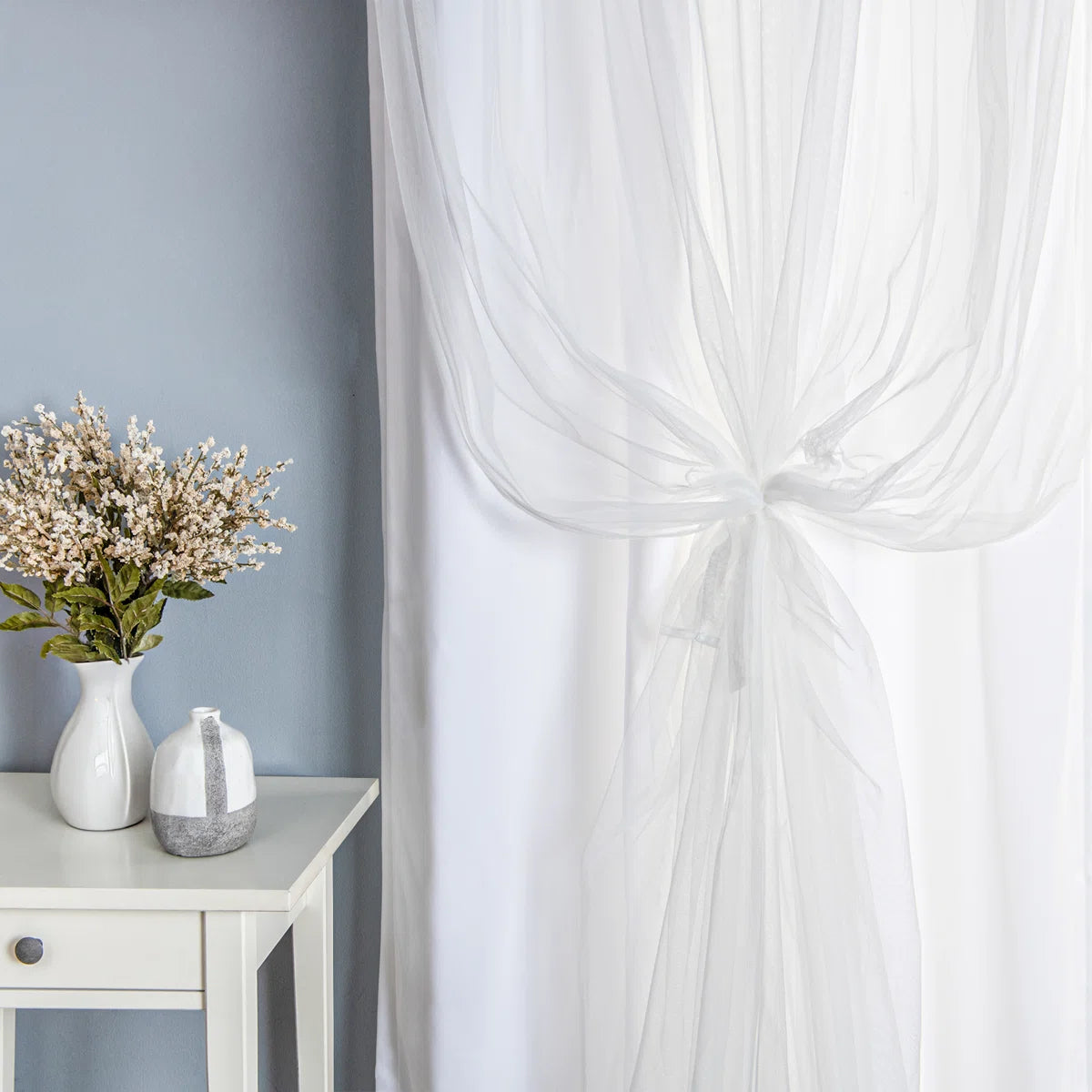 Fortuna Brockham Solid Tulle Overlay Room Darkening Grommet Curtain Panels (Set of 2)