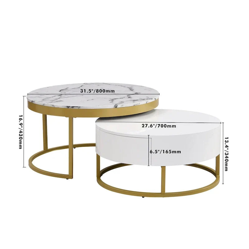 GEITIN Contemporary Round Nesting Coffee Table with Storage Drawers