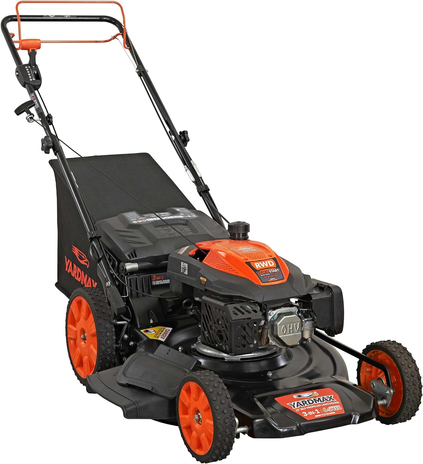 YARDMAX 22′′ Gas Self Propelled Lawn Mower, 201cc, 6-Speed CVT, High Wheel RWD, 3-in-1, Black