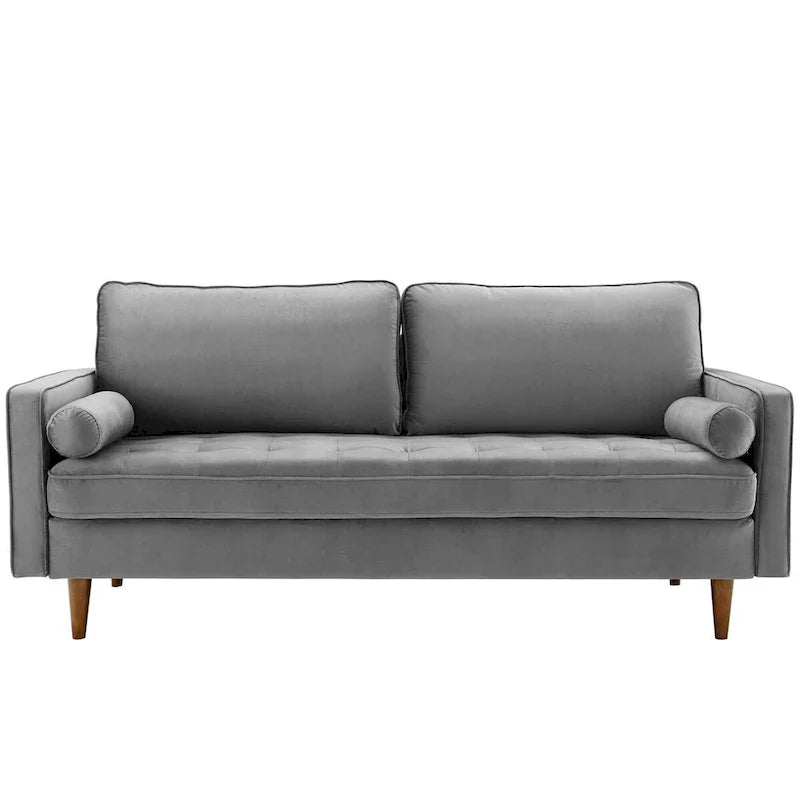 Mid Century Velvet Sofa with Tufted Back and Wooden Legs