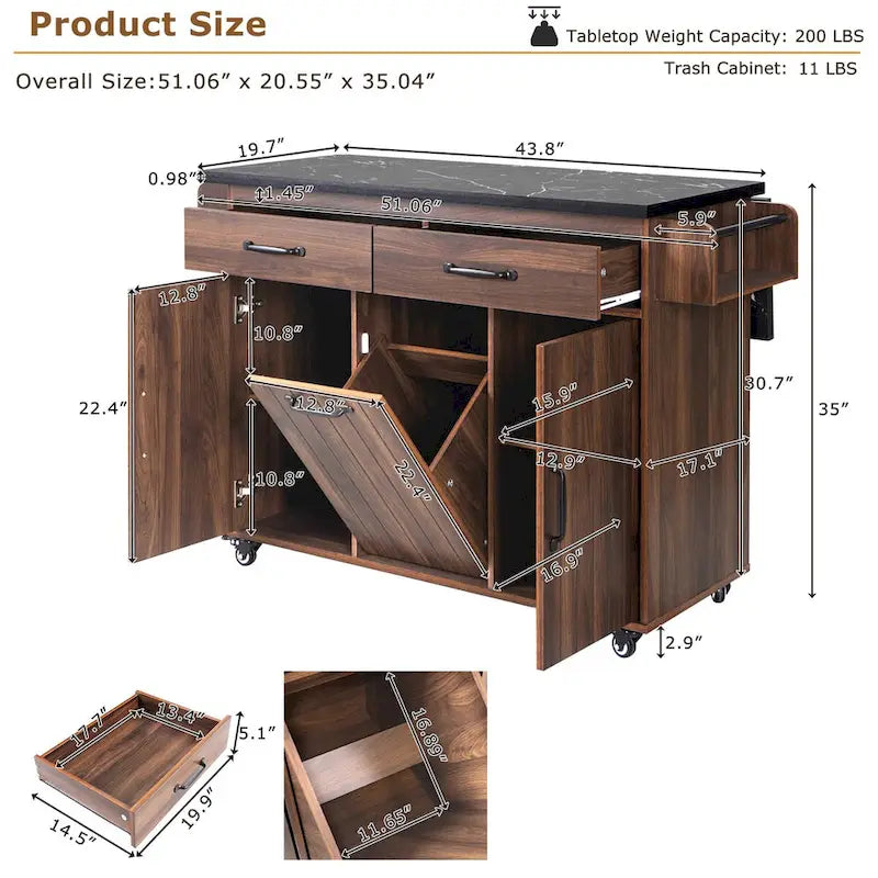 Kitchen Island with Built-In Trash Can Storage and Drop Leaf Cart