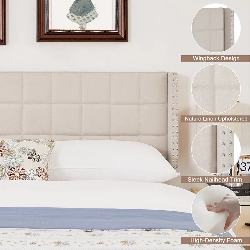 Javlergo Adjustable Upholstered Wingback Headboard for Queen/King Size Beds with Double Nailhead Trim