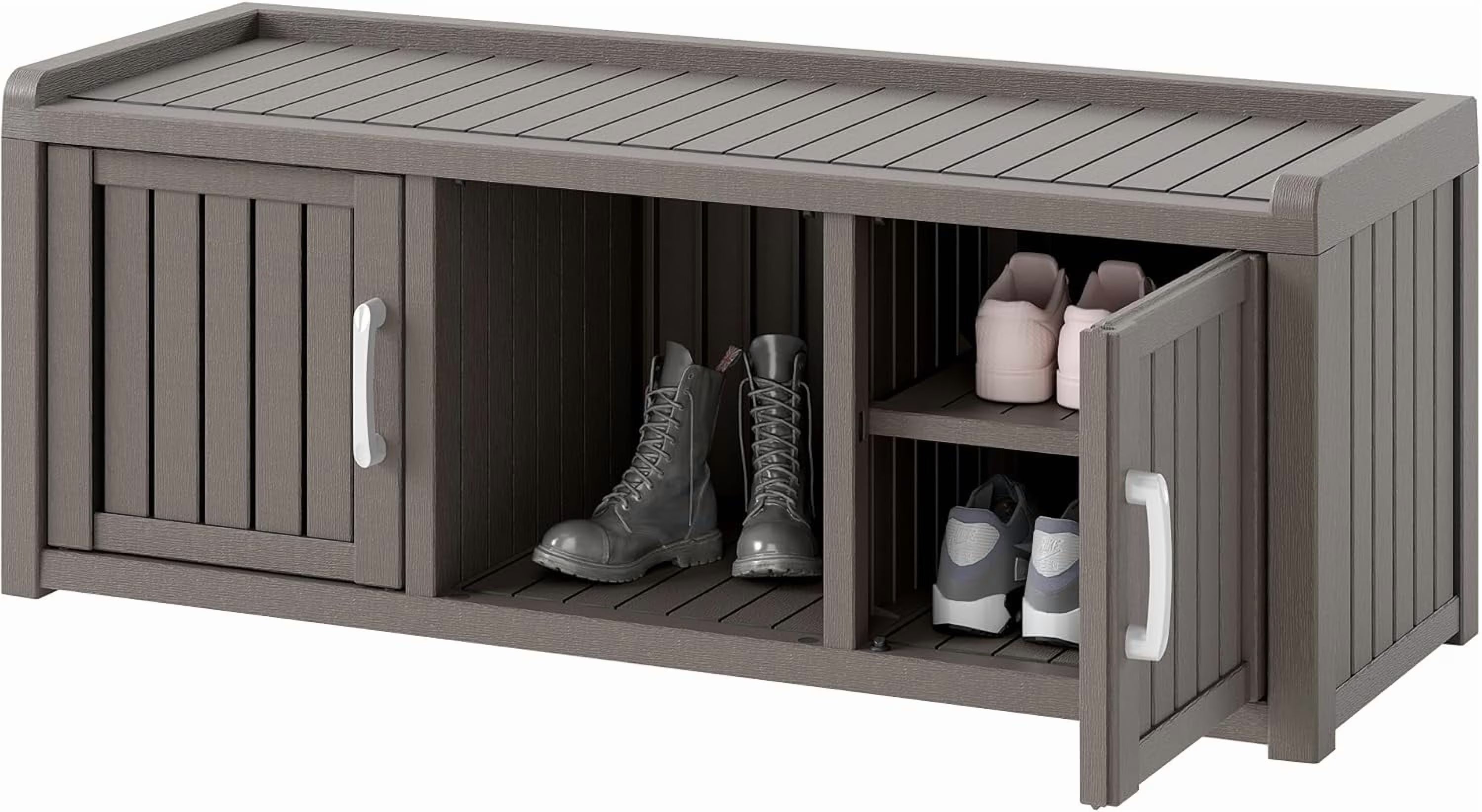 KAMABOKO Outdoor Shoe Storage Cabinet, Waterproof UV-Resistant Entryway Storage Bench Indoor Outdoor with 2 Barn Doors, Adjustable Shelves for Entryway, Bedroom, Hallway,Living Room(Black)