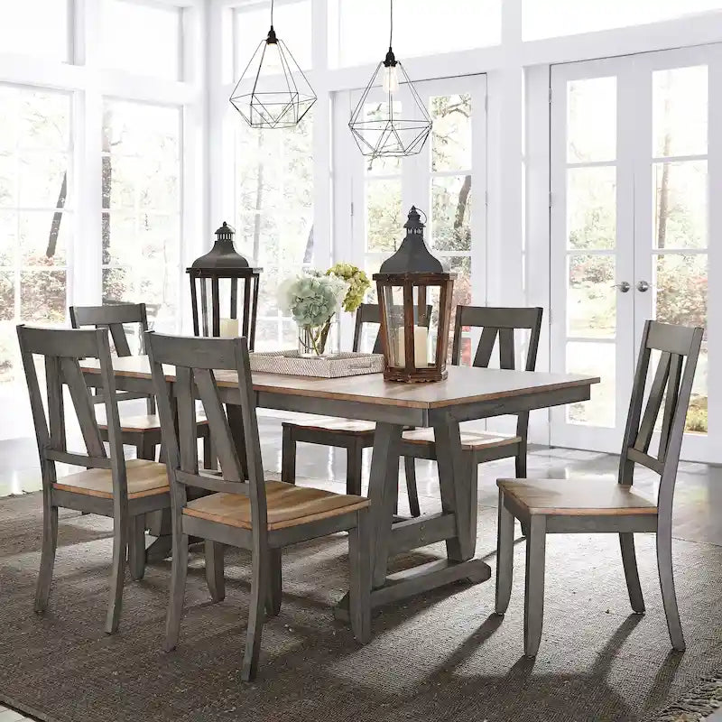Lindsey Farm 7-Piece Trestle Table Set in Gray and Sandstone