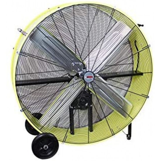 42�测�� Belt Drive Drum Fan; Industrial, Garage, Shop, High Speed 2-Speed, Durable, Cut-Off Protection, Easy Mobility Rubber Wheels; SAFETY YELLOW.