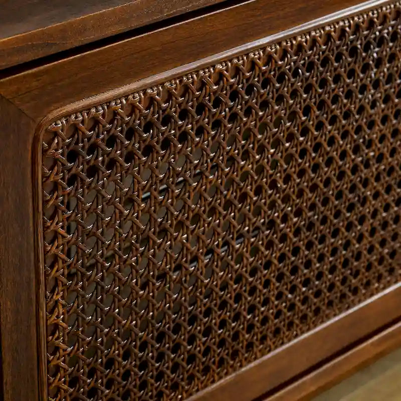 Mid Century TV Stand with Rattan Sliding Doors and Open Shelves