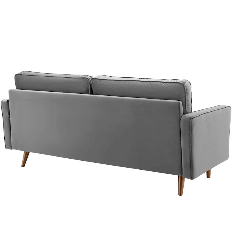 Mid Century Velvet Sofa with Tufted Back and Wooden Legs