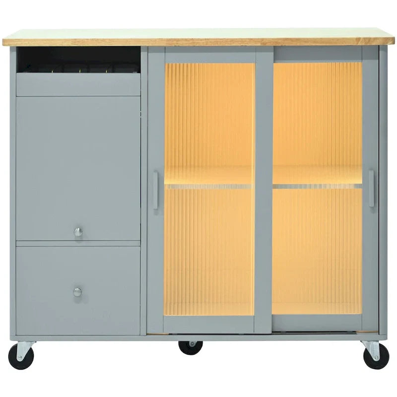 Kitchen Island with Drop Leaf Sliding Glass Doors and Storage on Wheels