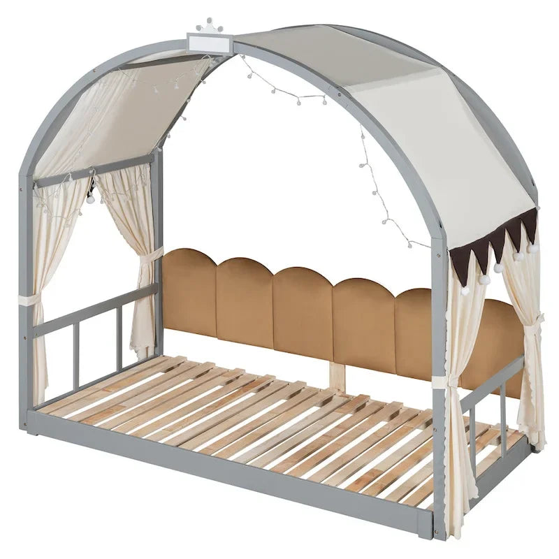 Gray Twin Bed with Arched Canopy and Trundle