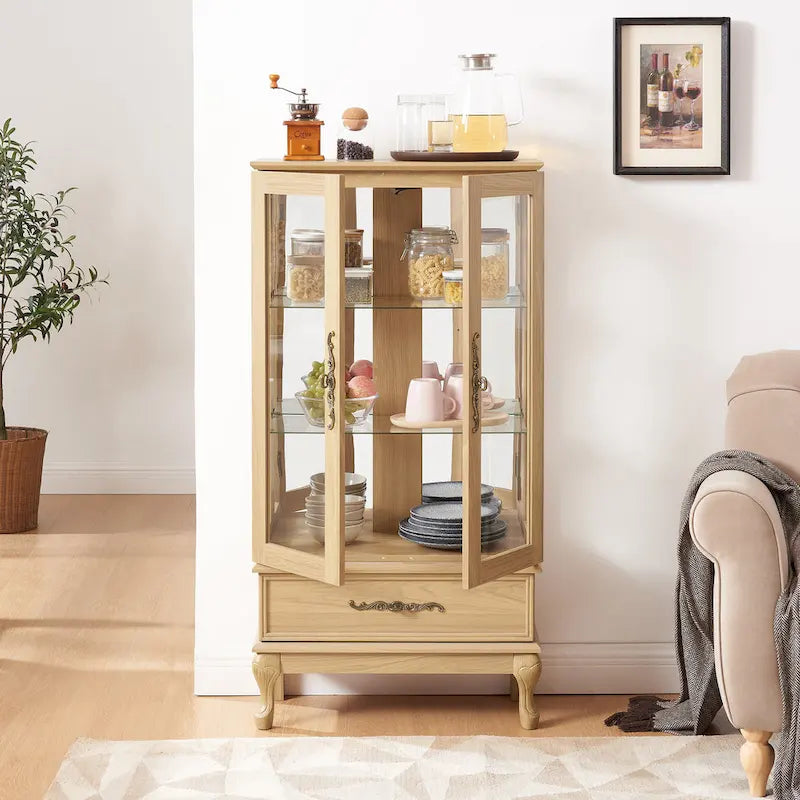 Illuminated Glass Curio Display Cabinet with Adjustable Shelves, Double Doors, and Drawer - Glass Wine Storage Solution