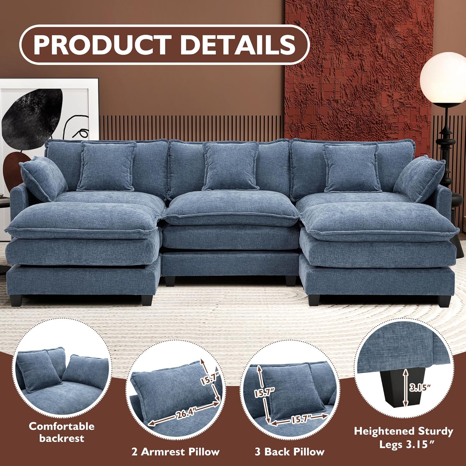 Ihanherry 146" U-Shaped Modern Sofa Modular Sectional Cloud Couch with 2 Ottoman, 6-Seat Chenille Deep Seat Sofa with 6 Pillows for Living Room, Bedroom and Apartment, Grey