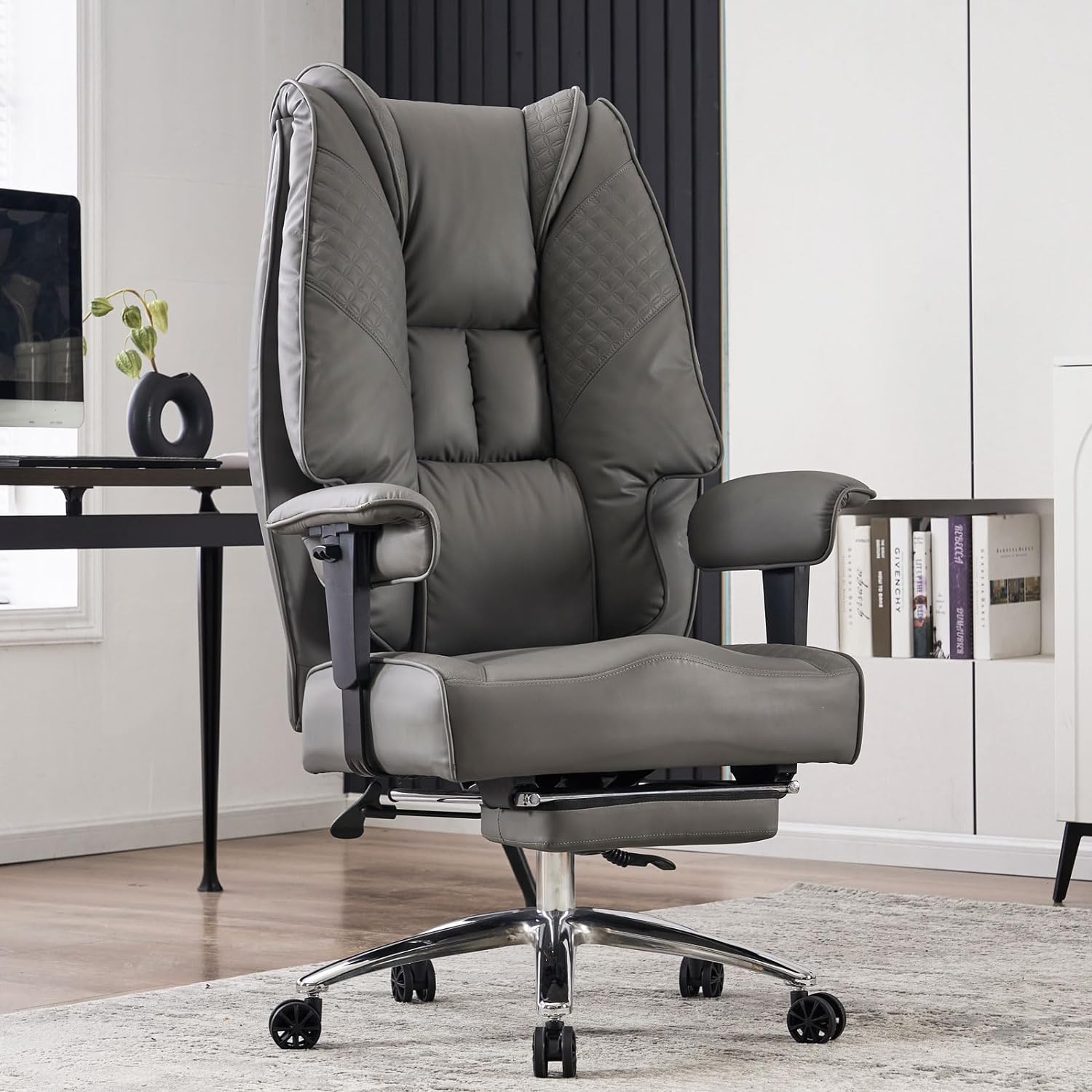 Large Tall Office Chair 400 lbs Wide Seat, Leather High Back Executive Office Chair with Footrest, Ergonomic Office Chair Lumbar Support to Relieve Lower Back Pain (Beige)