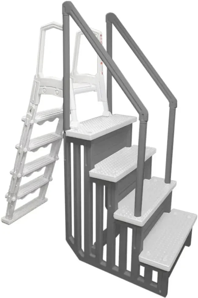 Non-slip entry steps for pools | Grey | For above-ground pools | Can be installed on terraces with a height of 122 to 137 cm | Load capacity up to 136 kg