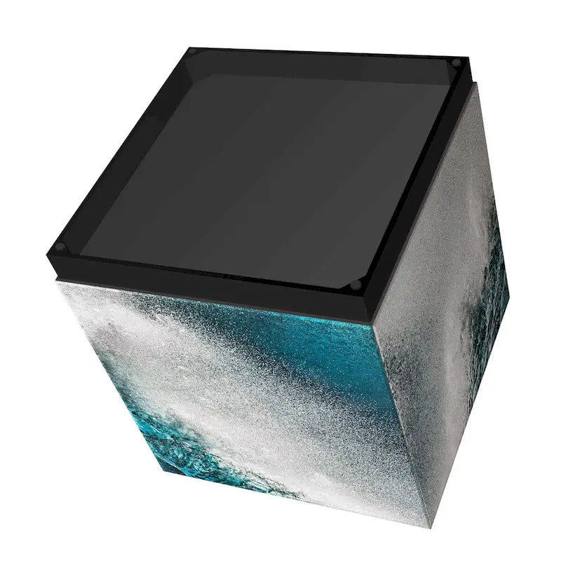 Sapphire Sea Beveled Art Glass Cocktail Table with Black Plinth Base - Reverse Printed Design