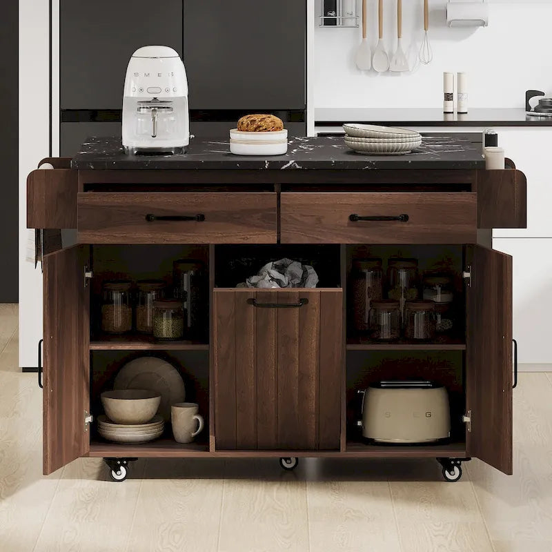 Kitchen Island with Built-In Trash Can Storage and Drop Leaf Cart