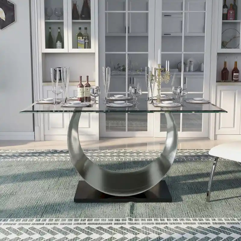 Glass Dining Table Set with 6 Upholstered Chairs and Metal Base