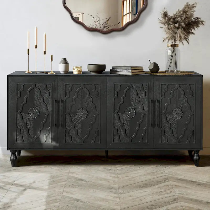 Large Floral Carved Storage Cabinet - Sideboard Buffet