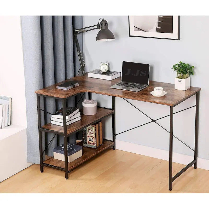 L Shaped Computer Desk with Bookshelf Storage for Home Office