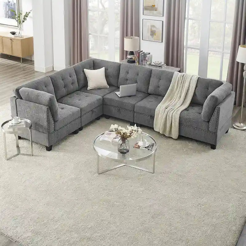 Grey Chenille L-Shaped Modular Sectional Sofa Set with Three Individual Chairs and Three Corner Pieces - Dimensions: 116W x 89.5D x 36.5H