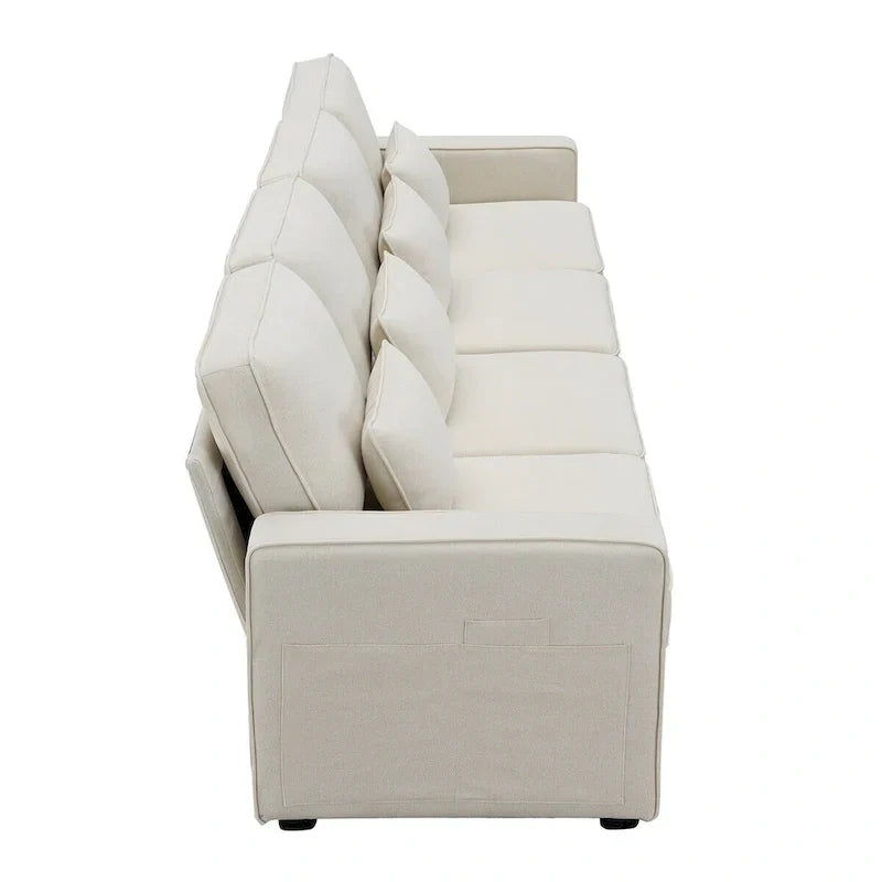 Merax 104 Modern 4-Seater Linen Sofa with Armrest Pockets and 4 Pillows - Minimalist Design