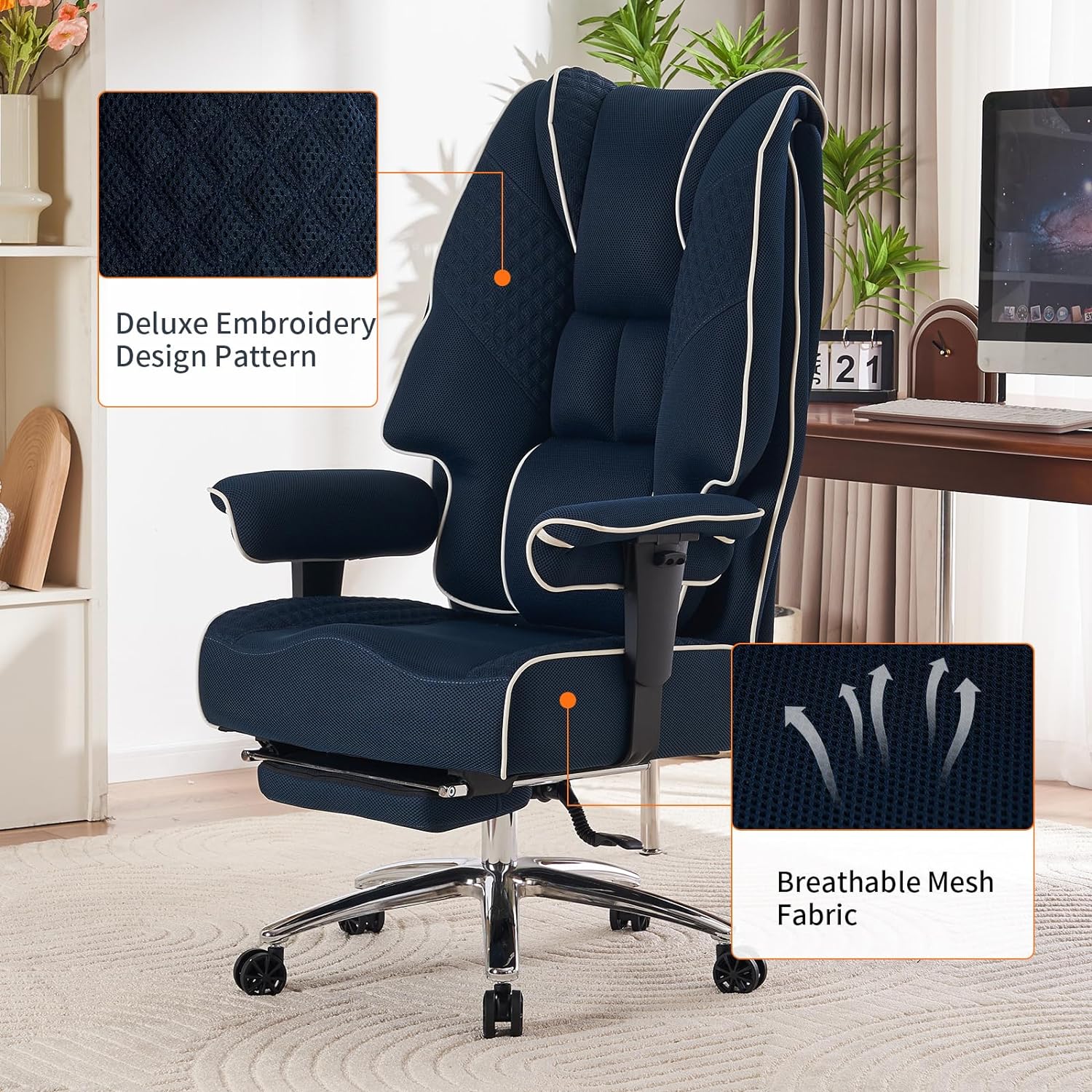 Large Tall Office Chair 400 lbs Wide Seat, Leather High Back Executive Office Chair with Footrest, Ergonomic Office Chair Lumbar Support to Relieve Lower Back Pain (Beige)
