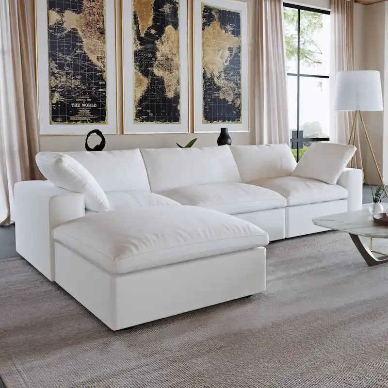 Sectional Couch with L-Shaped Design and Linen Upholstery, Featuring Multiple Cushions